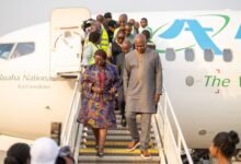 • Mrs Abla Gomashie (left) and Mr Joseph Bukari Nikpe (right) arriving from the aircraft