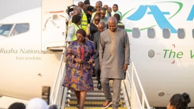 • Mrs Abla Gomashie (left) and Mr Joseph Bukari Nikpe (right) arriving from the aircraft
