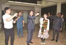 Mr Ahi (right) proposing a toast with Ms Ayano and Mr Yoshimoto (middle) during the reception Photo Victor A. Buxton