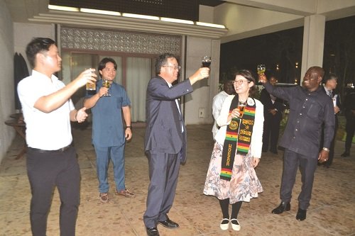 Mr Ahi (right) proposing a toast with Ms Ayano and Mr Yoshimoto (middle) during the reception Photo Victor A. Buxton