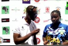Mavis Berko grants an interview after receiving the Player of the Match prize