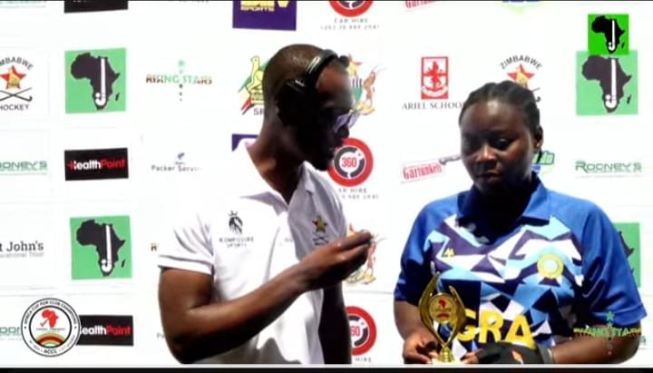 Mavis Berko grants an interview after receiving the Player of the Match prize