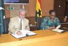 Ms Khadija Iddrisu (right) and Mr Hamid A. Khan signing the MOU Photo Victor A. Buxton