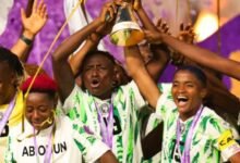 Players of the Nigeria Super Falcons celebrating with the WAFCON trophy last year