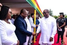 Rev. Wengam (second from left) exchanging greetings with Preisdent Mahama