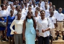 Ms Sambou (second from right) with some pupils of Dawu Junior High School