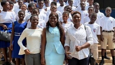 Ms Sambou (second from right) with some pupils of Dawu Junior High School