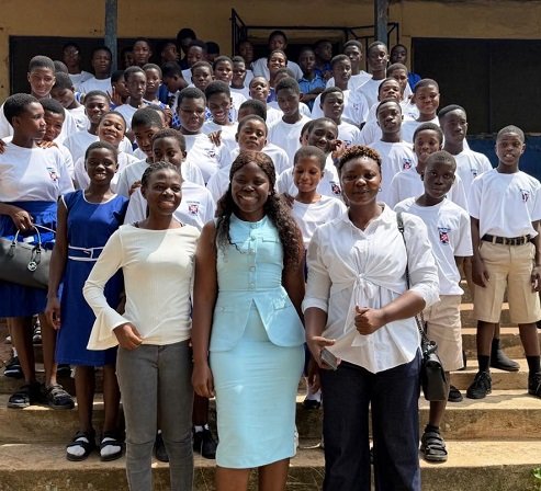 Ms Sambou (second from right) with some pupils of Dawu Junior High School