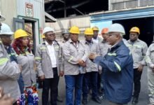 • Mr Richard Sarkodie Addo (right), Director of carbon operations at Valco, explaining the operations of the company to the board members