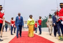 The Vice President Professor Naana Jane Opoku-Agyemang being welcomed to the he investiture of President Mamadi Doumbouya