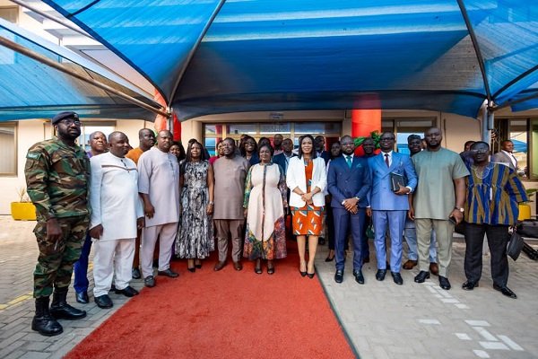 • Vice President, Prof. Opoku-Agyemang (middle) with the staff of the Ministry