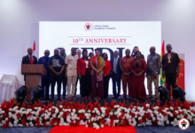 Myriam Montrat (Middle), Canadian High Commissioner to Ghana flanked by Mrs. Edwina Atta- Sonno (Left), Mrs. Linda Vasnani (right) and other Council Members of CANCHAM