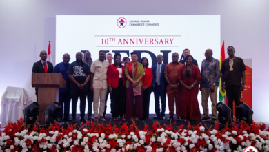 Myriam Montrat (Middle), Canadian High Commissioner to Ghana flanked by Mrs. Edwina Atta- Sonno (Left), Mrs. Linda Vasnani (right) and other Council Members of CANCHAM
