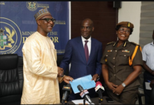 • Alhaji Muntaka Mohammed-Mubarak with Haruna Iddrisu. Looking on is the Director-Genera of Prisons, Mrs Patience Baffoe-Bonnie