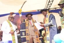 The sword of leadership being handed over to Professor Amevi Acakpovi, the newly inducted Vice Chancelor Photo Seth Osabukle