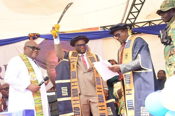 The sword of leadership being handed over to Professor Amevi Acakpovi, the newly inducted Vice Chancelor Photo Seth Osabukle