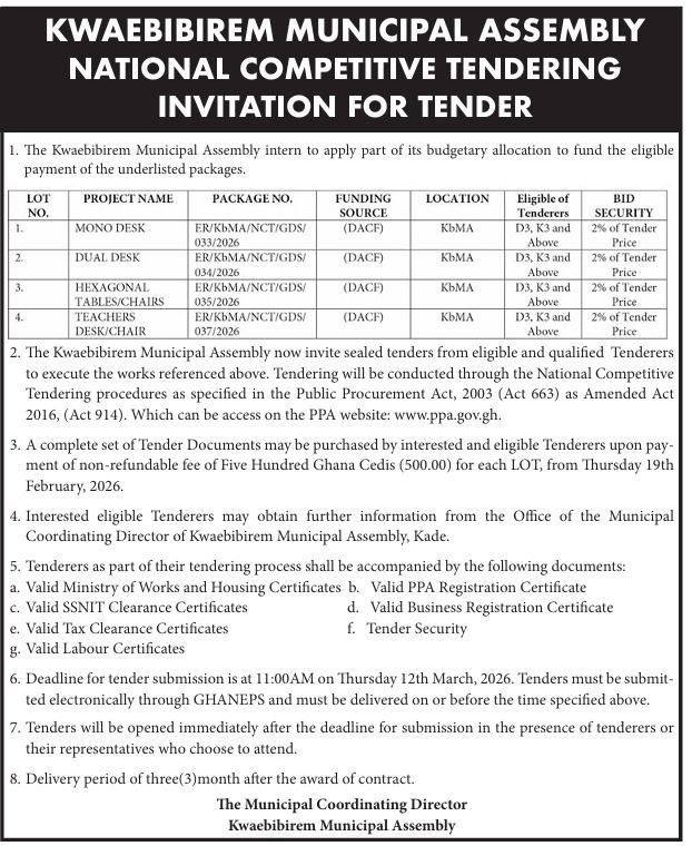 Kwaebibirem Municipal Assembly National Competitive Tendering Invitation For Tender
