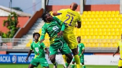 A Medeama player (in yellow) has the advantage in this aerial tussle with Aduana FC players