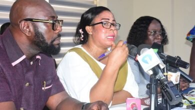 Ms Linda Ocloo (middle) addressing the media Photo Seth Osabukle