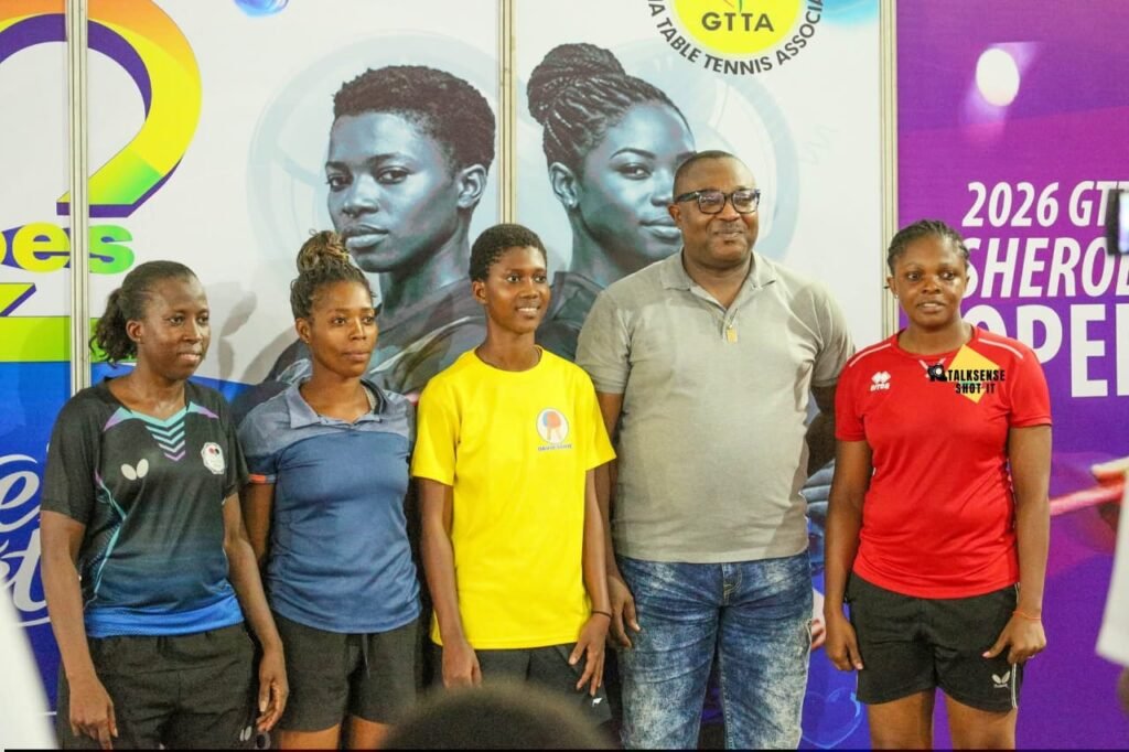 Cynthia Kwabi (right) and Borteye (middle) with other semifinalists and on official of GTTA