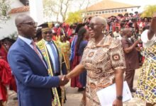 Justice Adjei-Frimpong (left) exchanging pleasantaries with Ms Marietta Brew Appiah-Oppong at the congregation. Photo. Ebo Gorman