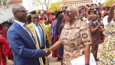 Justice Adjei-Frimpong (left) exchanging pleasantaries with Ms Marietta Brew Appiah-Oppong at the congregation. Photo. Ebo Gorman