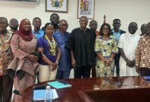 • Dr Apaak ( middle) with leaders of the university unions.