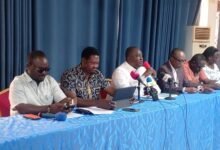 Mr. Adjokatcher addressing the press. With him are the leadership of GIFF