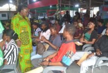 • Ms Sowah interacting with the beneficiary students during the presentation. Photo: Victor A. Buxton