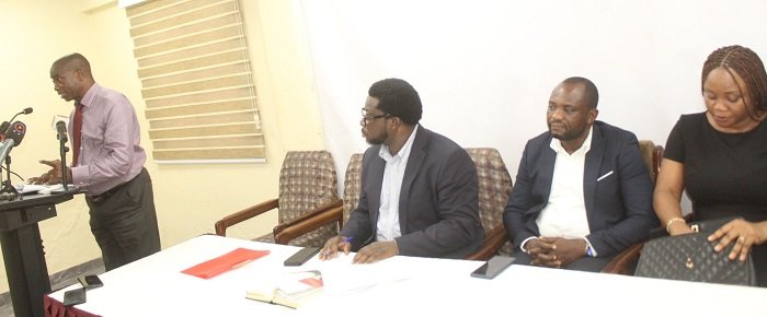Mr Victus Dzah (left) addressing the press yesterday Photo: Ebo Gorman