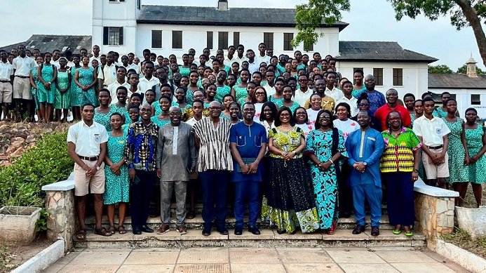 Mrs Maame Efua Houadjeto (middle) with officials from the Authority, students and teachers of the School after the event