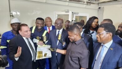 Dr Forson (middle) and Mr Sammy Gyamfi exchanging pleasantries with Dr Said Deraz (left) after being conducted round the Gold Coast Refinery.