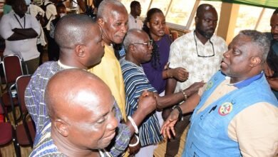 • Mr Allotey-Gaisie (right) interacting with some elders of Osu after the media briefing Photo: Seth Osabukle