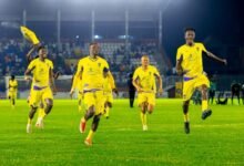 Medeama players celebrate the shoot-out victory over Samartex