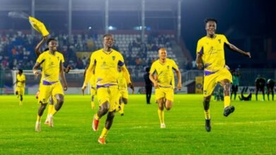 Medeama players celebrate the shoot-out victory over Samartex
