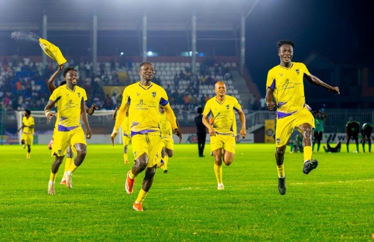 Medeama players celebrate the shoot-out victory over Samartex