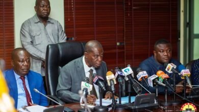 • Mr Opoku (middle), speaking at the press conference