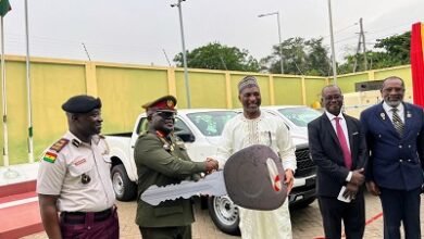 Mr Muntaka Mohammed-Mubarak (middle) handing over the vehicles to Brigadier General Maxwell Obuba Mantey (second from left)