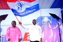 Dr Bawumia waving NPP flag for emerging winner of the NPP presidential election. Photo. Ebo Gorman