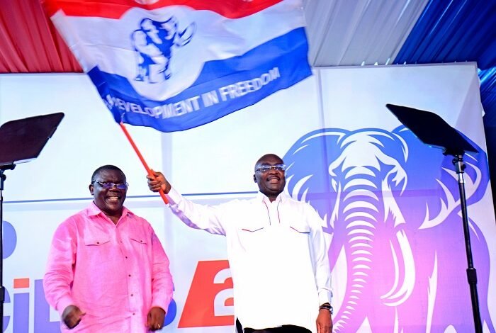 Dr Bawumia waving NPP flag for emerging winner of the NPP presidential election. Photo. Ebo Gorman