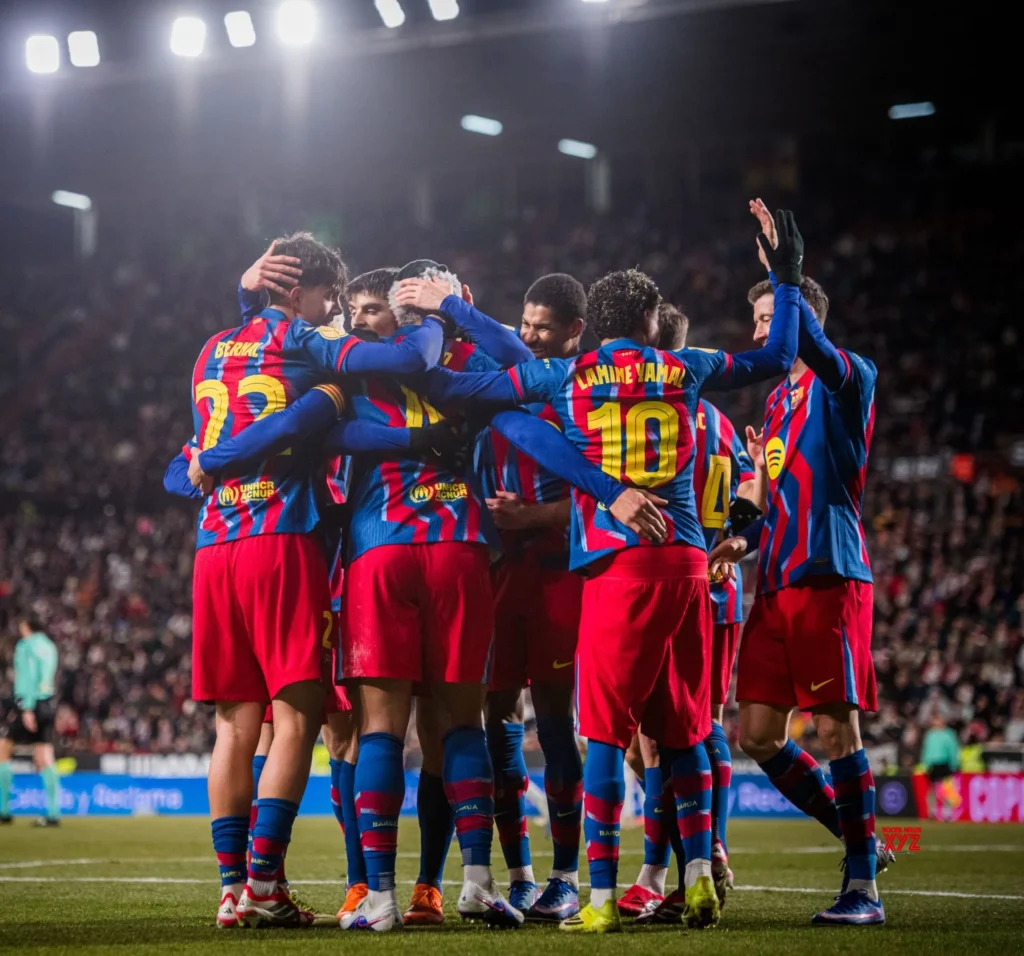 • Players of Barcelona celebrating the second goal