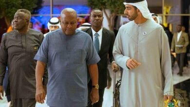President Mahama (left) being welcomed on arrival in Dubai to attend the World Governments Summit