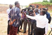 • Mr Okley (left) briefing the media at the site Photo: Seth Osabukle