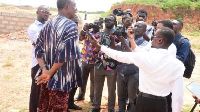 • Mr Okley (left) briefing the media at the site Photo: Seth Osabukle