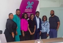 • Mrs Frimpong (third from left) with Mr Deegbe (right) and some staff of Amahoro Coalition after the programme