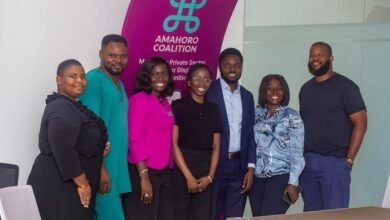 • Mrs Frimpong (third from left) with Mr Deegbe (right) and some staff of Amahoro Coalition after the programme