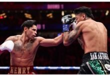Ryan Garcia throws a punch at Mario Barrios during their WBC welterweight title fight at T-Mobile Arena in Las Vegas on Saturday.