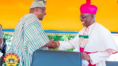 • Bishop Bomansaan (right) in a handshake with Mr Bagbin