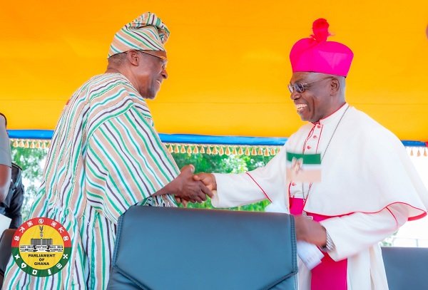 • Bishop Bomansaan (right) in a handshake with Mr Bagbin
