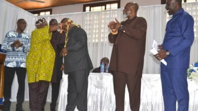 • Nana Opare Kwafo I (third from right) being decorated with a chain by Nene Emmanuel Tettey Martey. With them are other members of the Governing Council Photo: Victor A. Buxton
